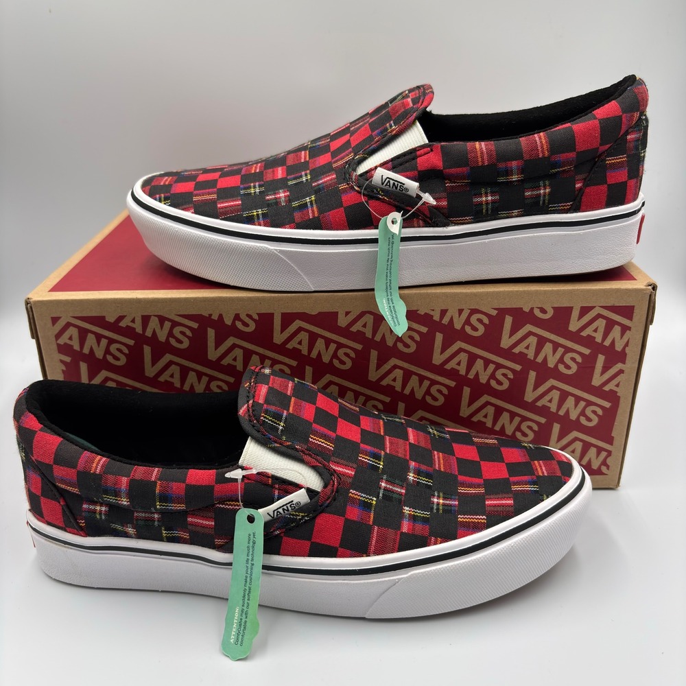Vans ComfyCush Slip-On Red Black Checkered Plaid Mens 7 Womens 8.5 VN0A3WMDVOY